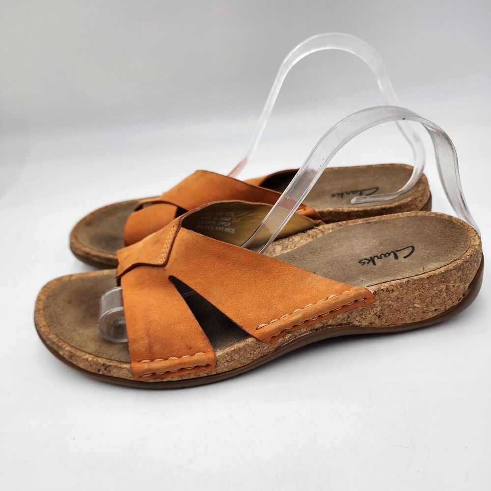 Clarks Nubuck Suede Leather Slip-On Sandals Flip Flop Orange 10M Womens Comfort - Picture 3 of 6